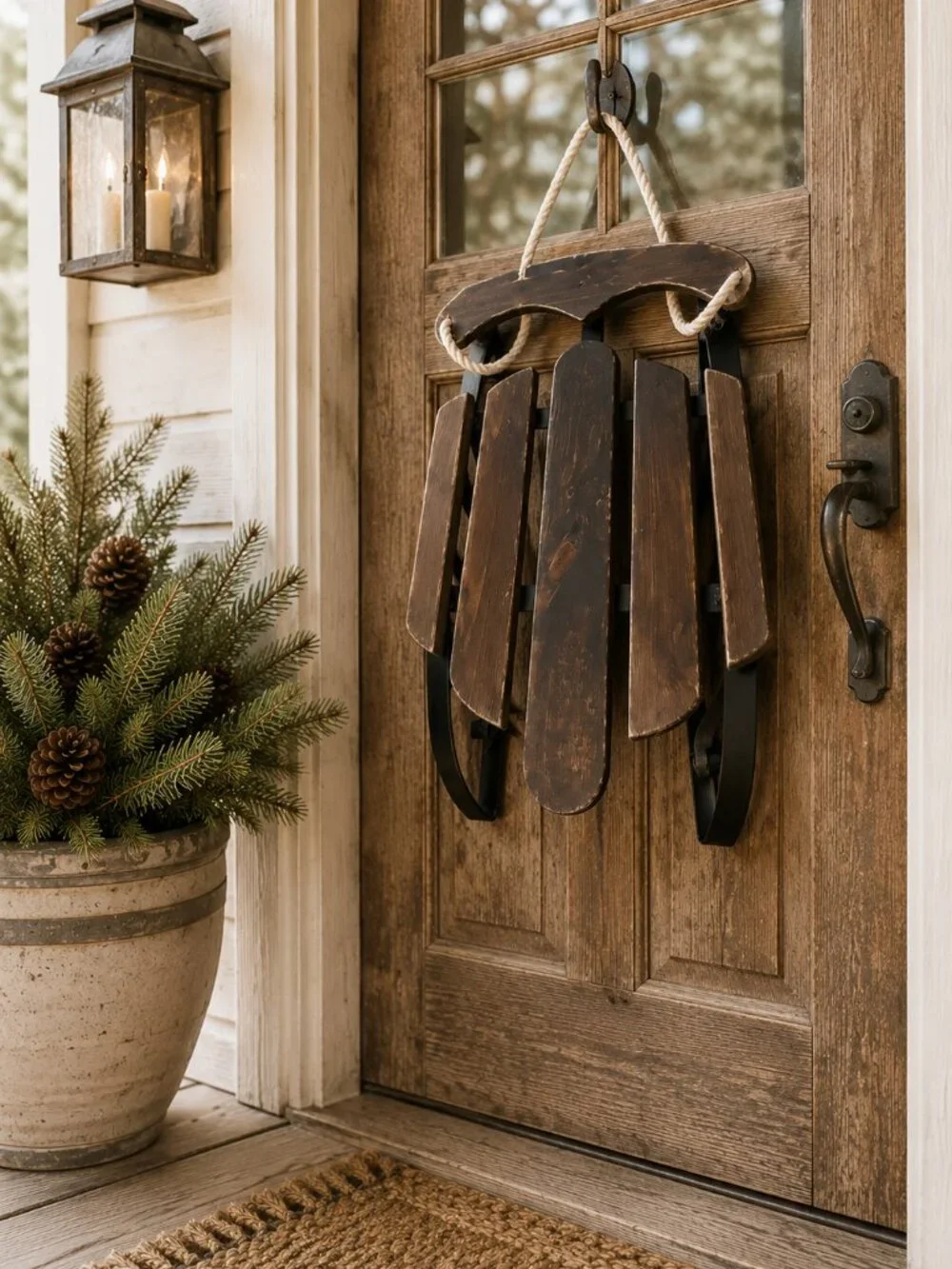 Vintage Rustic Primitive Wooden Snow Sled With Rope Porch Decor